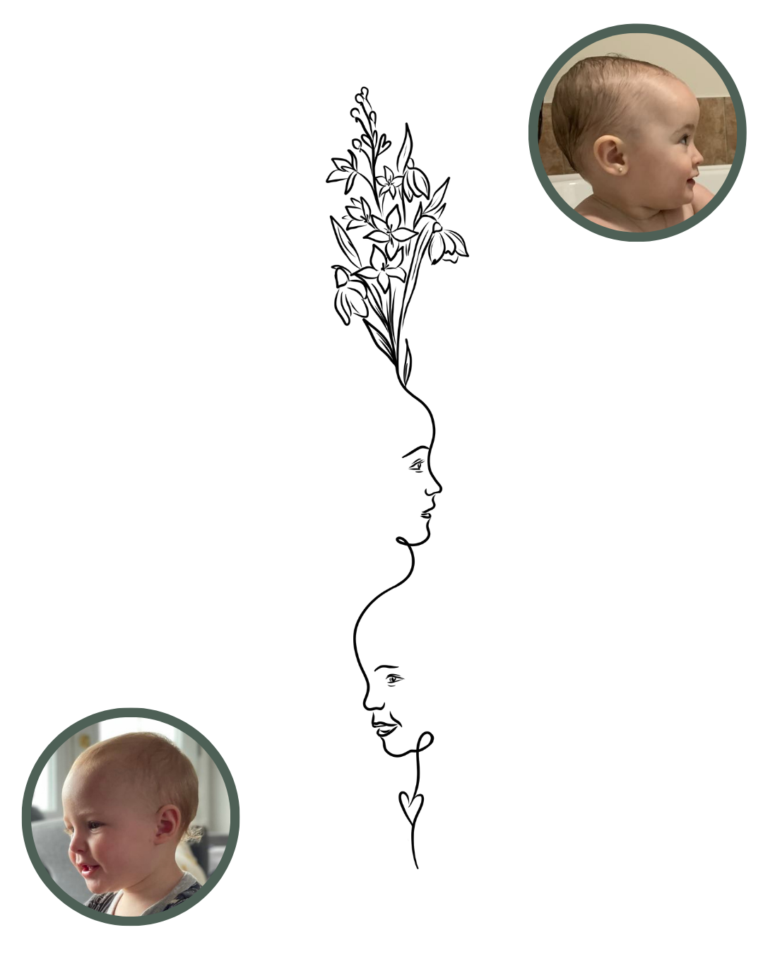 Minimalist Mom Baby Tattoo Drawing - Line Drawing - Personalized Birth Flowers