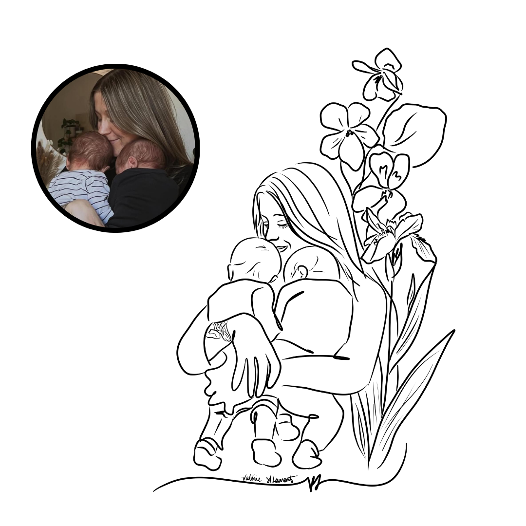 Minimalist Mom Baby Tattoo Drawing - Line Drawing - Personalized Birth Flowers