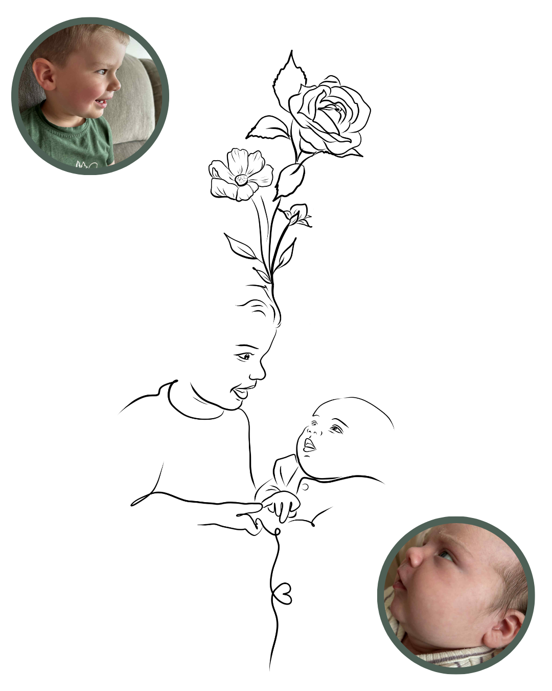 Minimalist Mom Baby Tattoo Drawing - Line Drawing - Personalized Birth Flowers