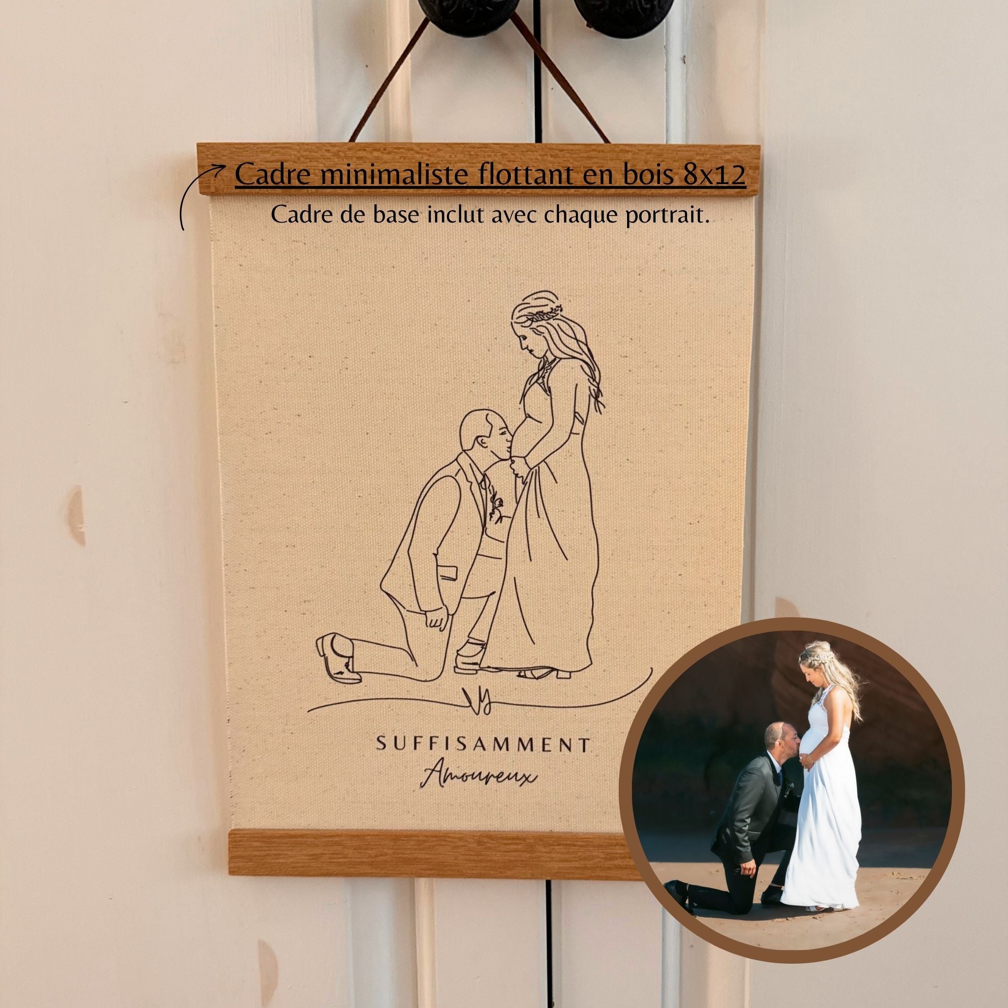 Portrait aux traits d'un couple de jeune marié avec un cadre minimaliste sur toile papier coton