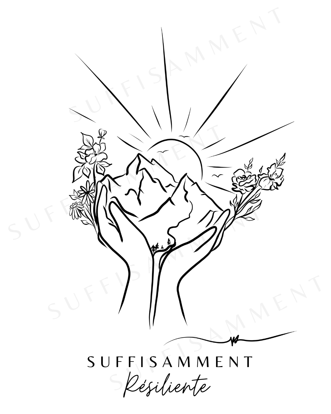 Cadeau réconfort maladie convalescence – Art mural "SUFFISAMMENT résiliente" avec message de soutien – Idée bon rétablissement femme / homme – Illustration minimaliste mains et montagnes