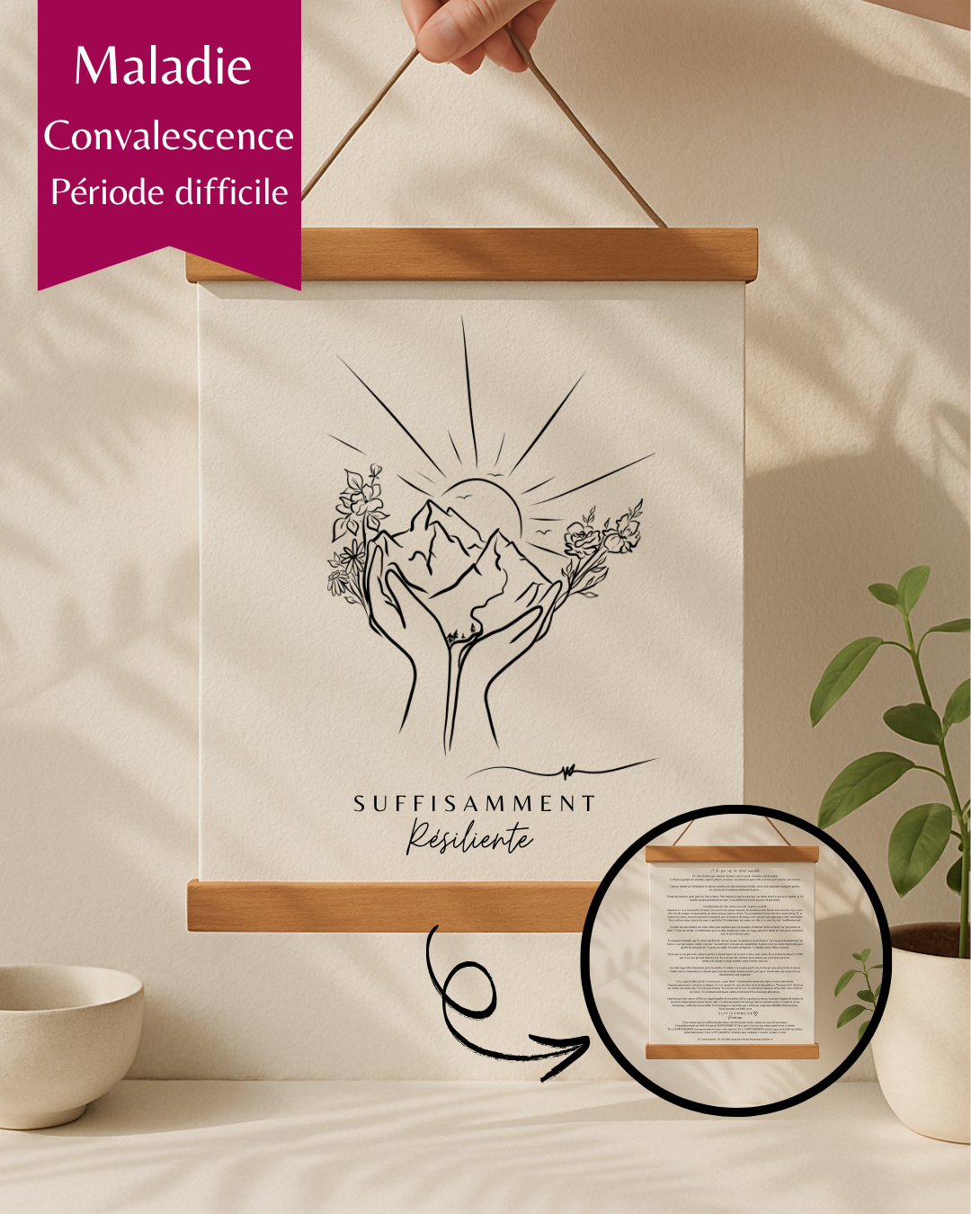 Cadeau réconfort maladie convalescence – Art mural "SUFFISAMMENT résiliente" avec message de soutien – Idée bon rétablissement femme / homme – Illustration minimaliste mains et montagnes