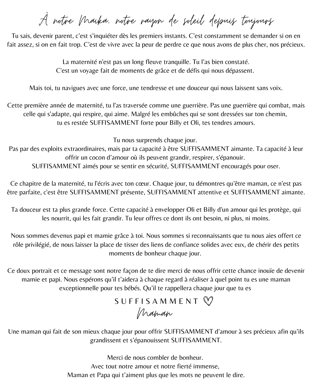 Portraits personnalisés SUFFISAMMENT - Une oeuvre qui berce le coeur