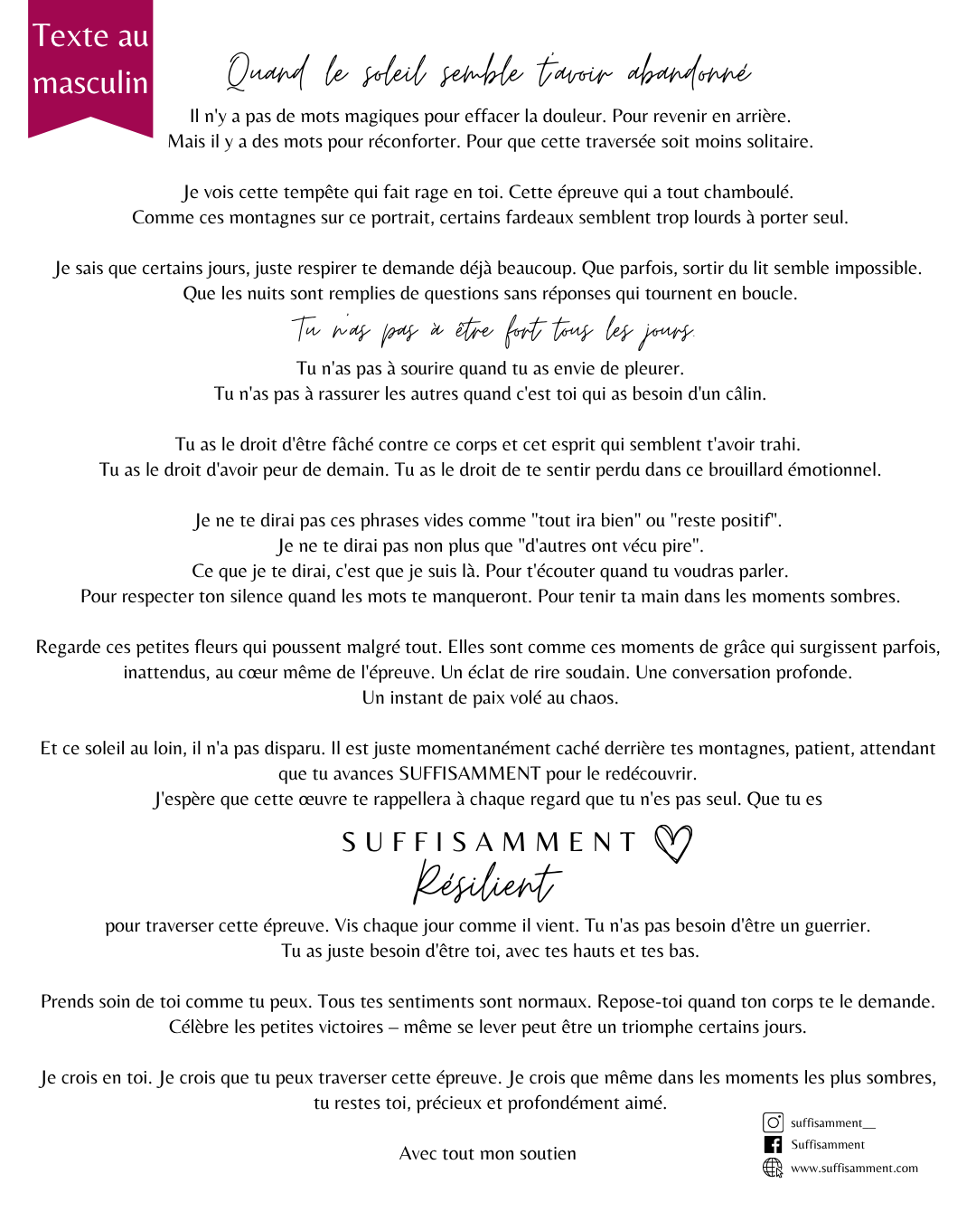 Cadeau réconfort maladie convalescence – Art mural "SUFFISAMMENT résiliente" avec message de soutien – Idée bon rétablissement femme / homme – Illustration minimaliste mains et montagnes