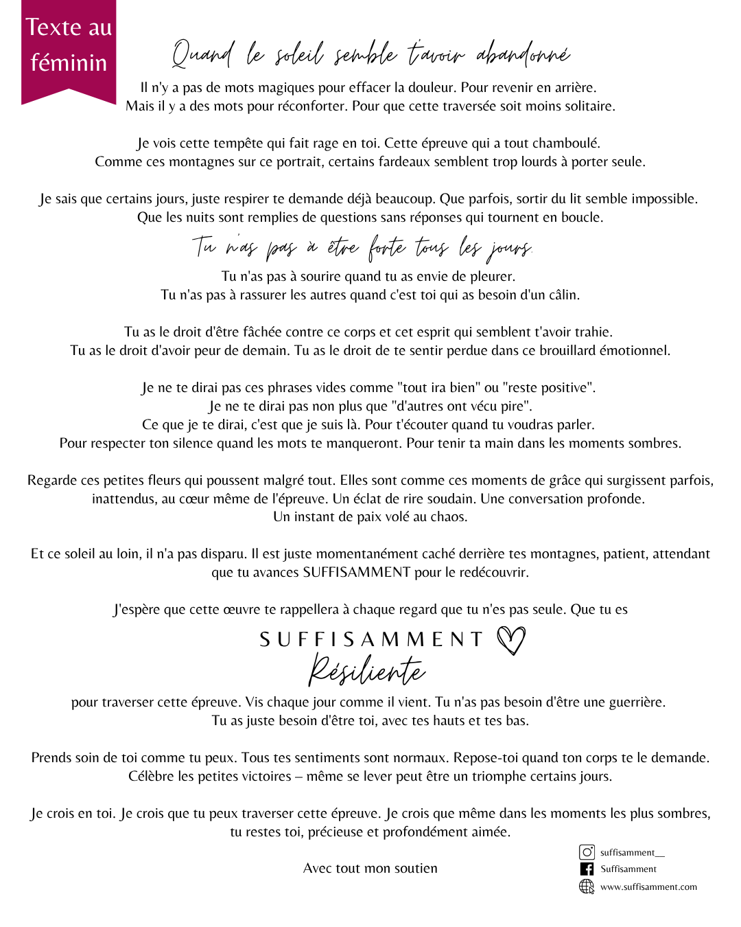 Cadeau réconfort maladie convalescence – Art mural "SUFFISAMMENT résiliente" avec message de soutien – Idée bon rétablissement femme / homme – Illustration minimaliste mains et montagnes