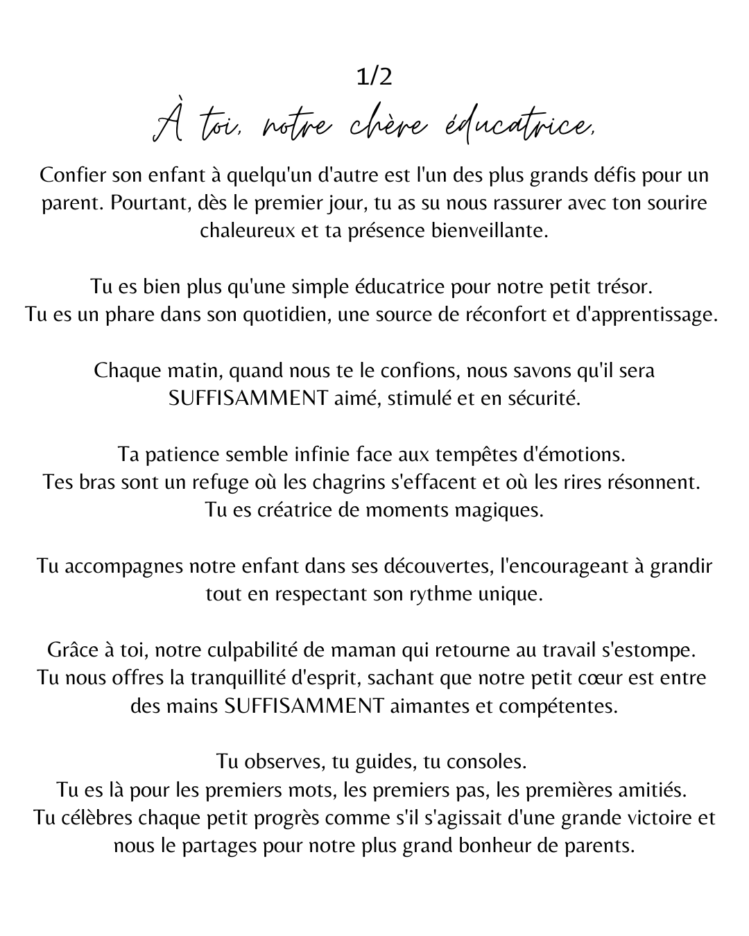 Cadeau Éducatrice Québécoise – Œuvre d’Art Minimaliste Personnalisable avec Message Touchant – Idéal Fin d’Année, Garderie, CPE – Cadre Inclus